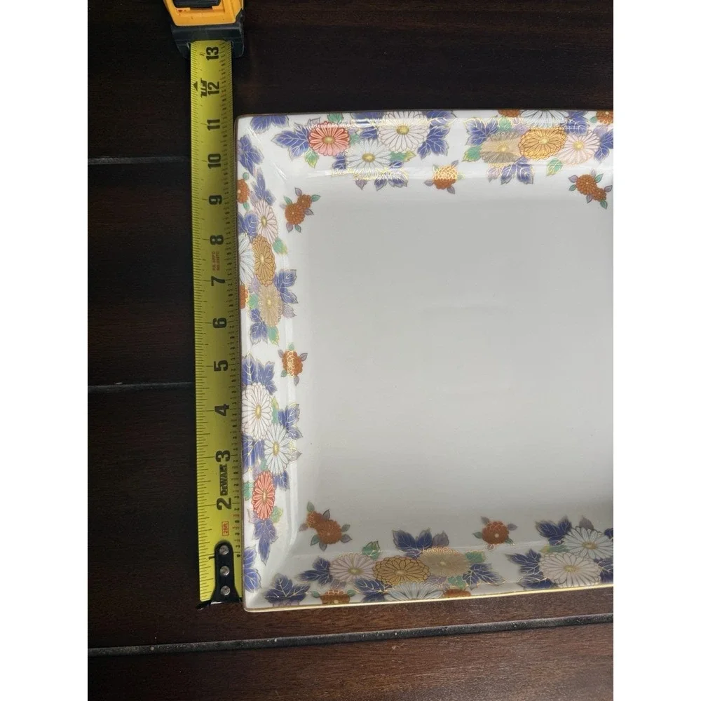 VTG Japanese Imari Style Square Porcelain Plate Floral Chrysanthemum Gold Rim